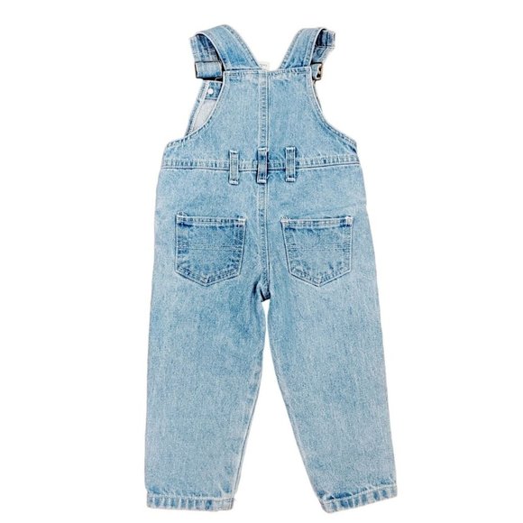 90s Toddler Girls Denim Jean Overall Bibs 3D Flower Appliques Size 2T VTG Retro - Picture 4 of 7